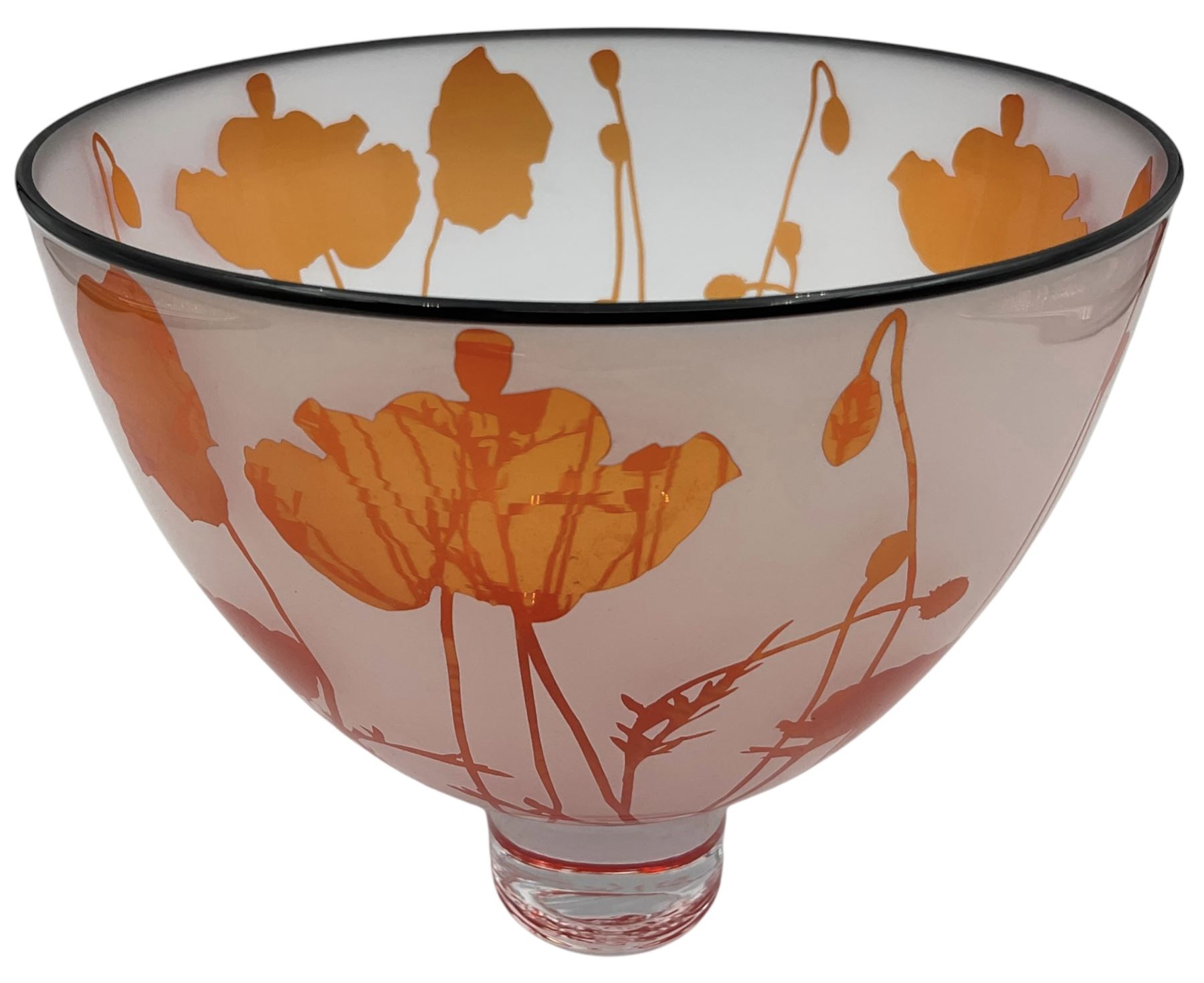 Gillies Jones of Rosedale glass bowl decorated with orange poppies with black rim, upon a short clear tapering foot, signed to base, H14cm D15cm