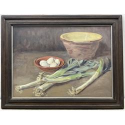 Neil Tyler (British 1945-): Still Life 'Leeks and Eggs', oil on canvas signed and dated '03, 46cm x 64cm
Provenance: exh. Chelsea Art Society, label verso
