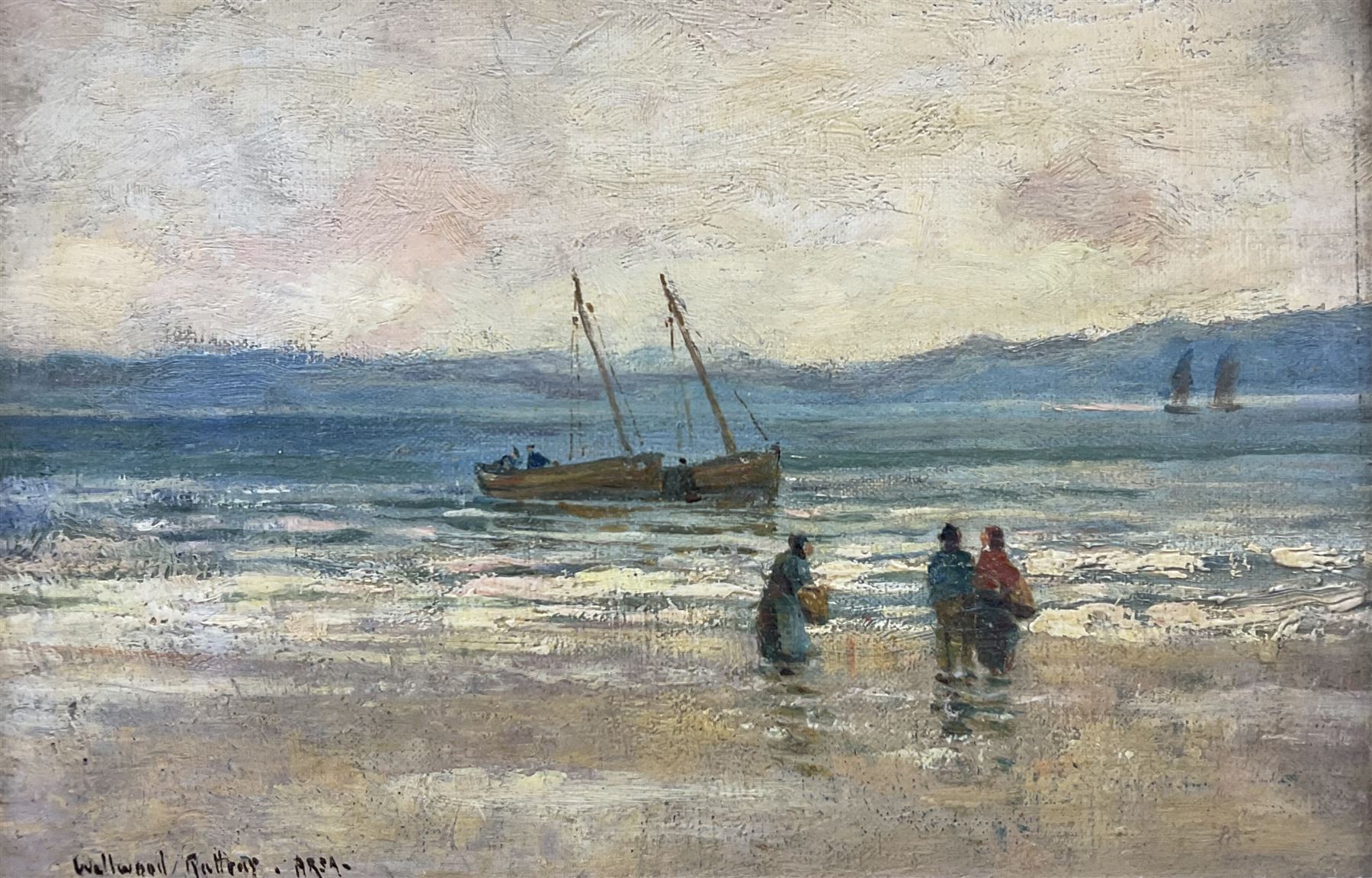 Alexander Wellwood Rattray (Scottish 1849-1902): Boats at Arran, oil on canvas signed 18cm x 26cm