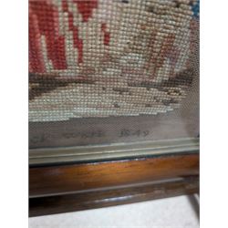 Victorian sampler, depicting woman and young child feeding rabbits, worked by Mary Ann Siswick 1849, set within an oak fire screen, fire screen H75.5cm