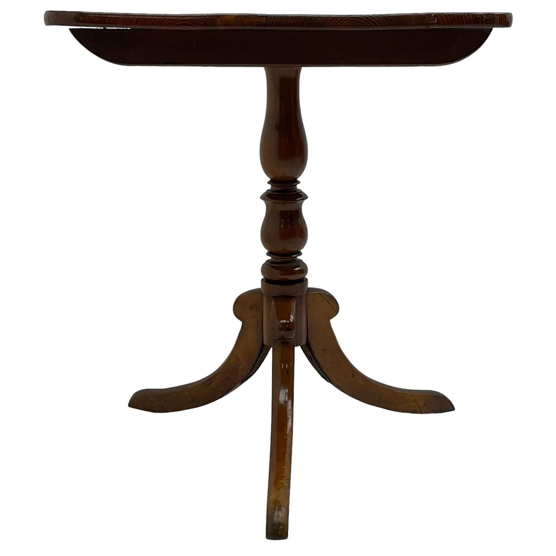 19th century elm tripod table, rectangular tilt-top on turned pedestal with three splayed supports 