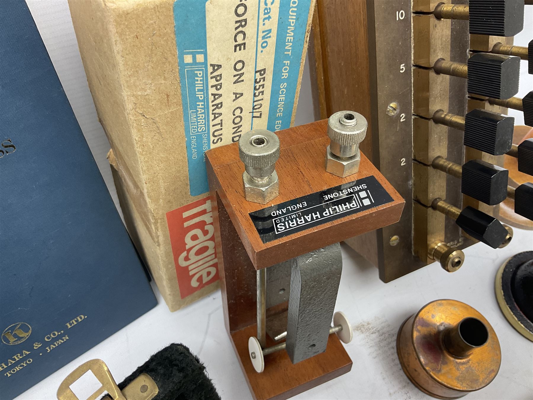 Collection of scientific and technical instruments etc including boxed 'Force on a Conductor' apparatus; vintage GPO resistance box; current deflection meter; vintage X-ray generator tube; small glass electroscope; two demonstrator solenoids; two magdeburg spheres; travelling balance scales etc; some by Philip Harris Ltd