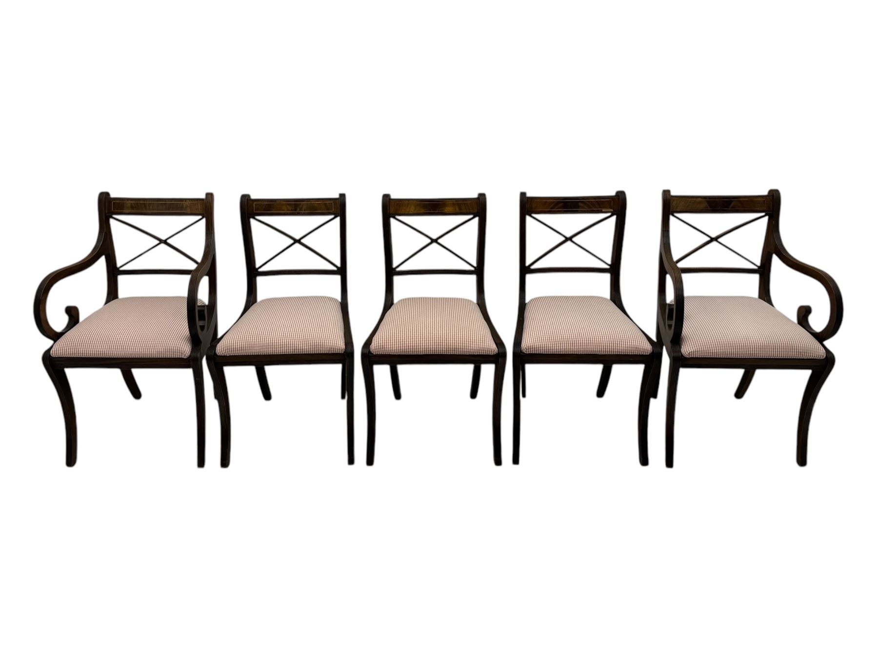 Set of ten (8+2) Regency design mahogany and brass inlaid dining chairs, bar cresting rail over x-framed back, upholstered drop-in seats, moulded frame and sabre supports 