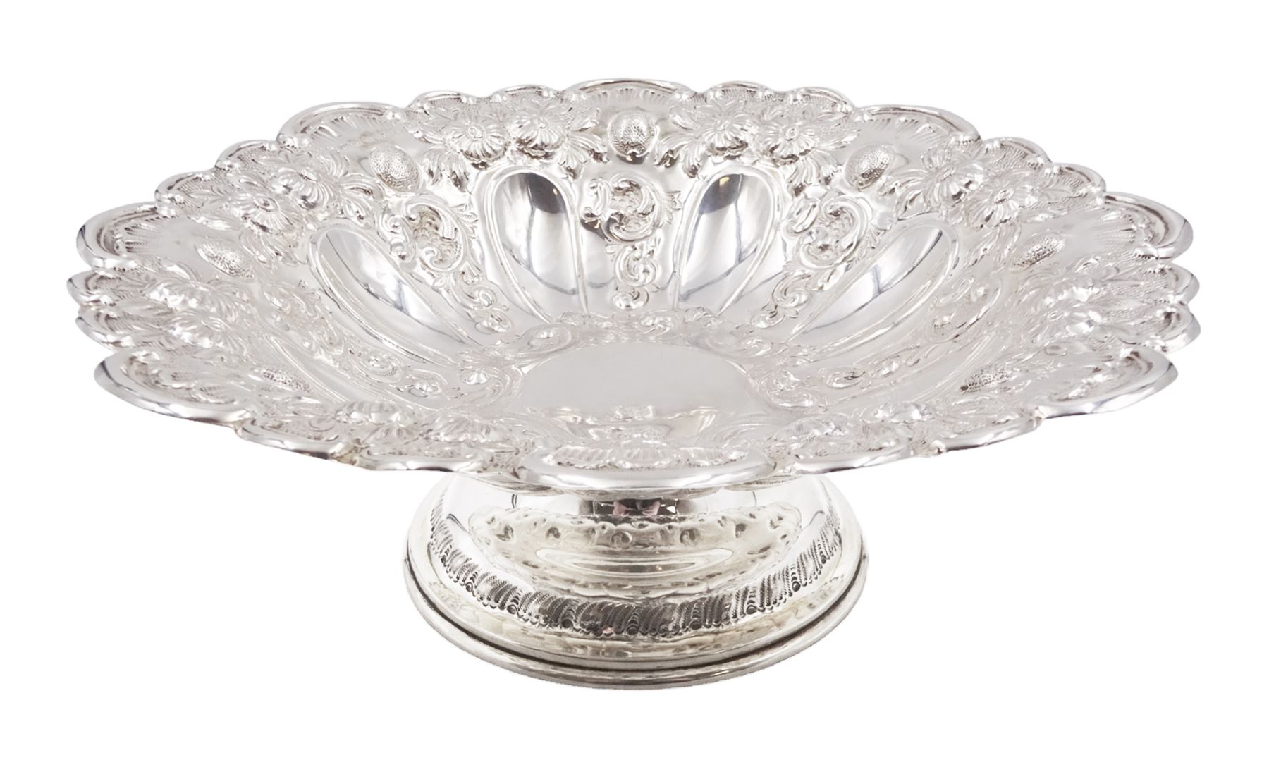 Edwardian silver pedestal bowl, of circular form, with shaped C scroll rim, embossed with floral and foliate decoration throughout, upon a circular foot, hallmarked Elkington & Co Ltd, Birmingham 1901, H9.5cm, D25cm