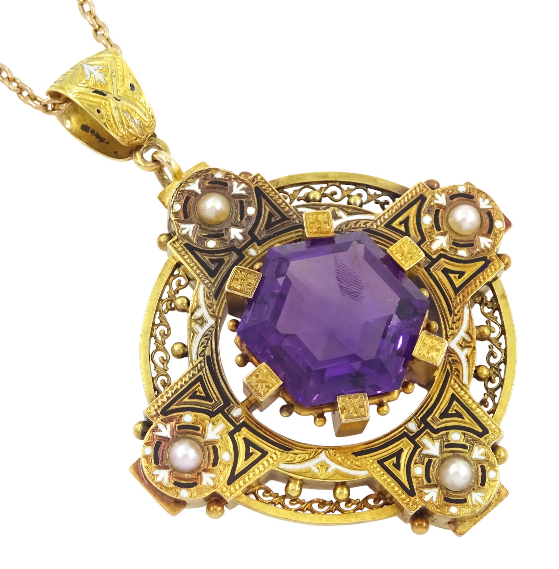 Victorian gold Etruscan Revival amethyst, enamel and pearl cross design pendant, the central hexagonal amethyst, with pearl, black and white enamel surround, within an a open pierced work frame, on gold cable link chain necklace, stamped 9ct