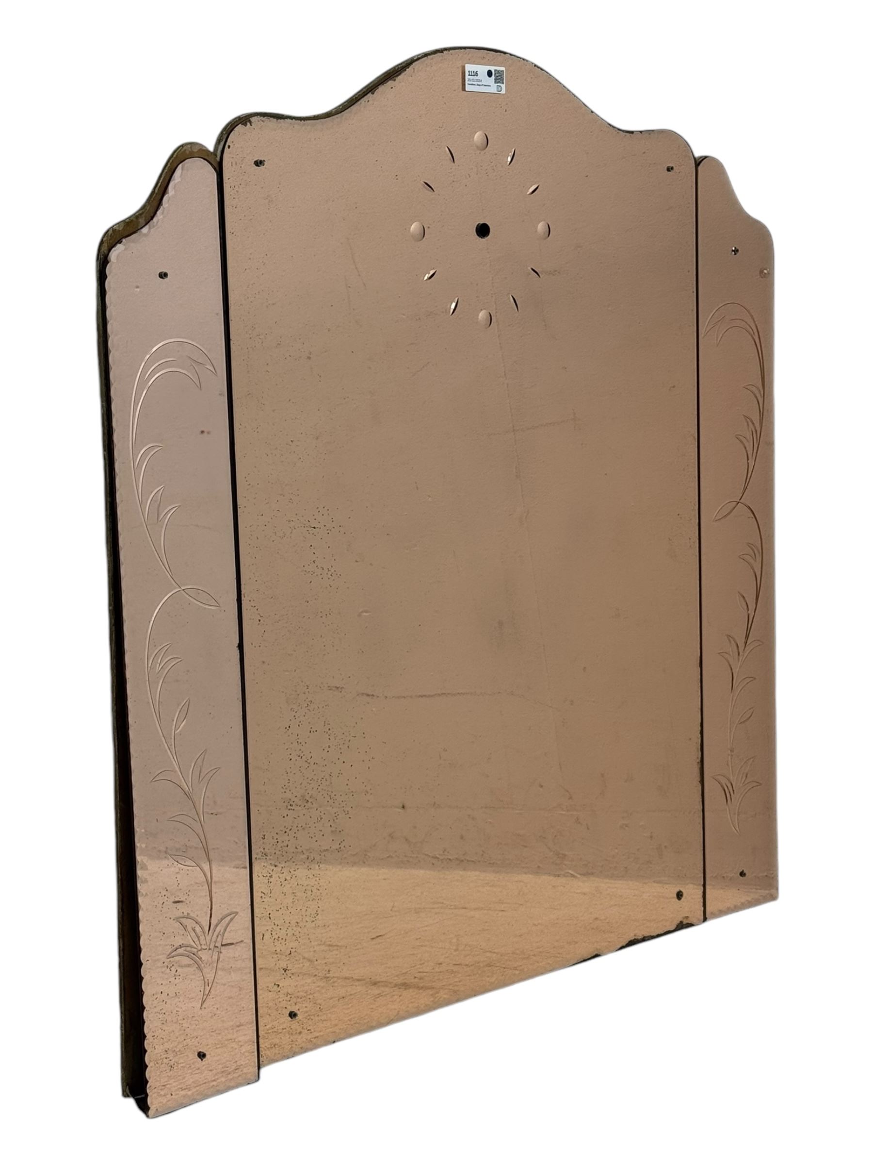 Early to mid-20th century three-sectional copper tinted frameless wall mirror