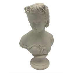 Parian ware model of a female bust on socle plinth, H20cm, resin model of 'Venus', together with other resin and composite classical figures and busts, H42cm max (6)