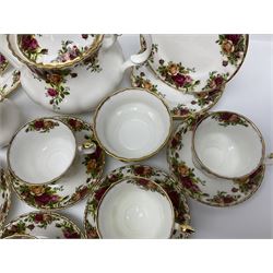 Royal Albert Old Country Roses pattern tea set for six, comprising teapot, milk jug, open sucrier, dessert plates, cups and saucers (21)