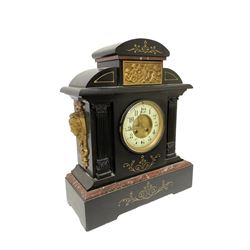 French - late 19th century 8-day Belgium slate mantle clock with incised decoration and contrasting rouge marble inlay, with a gilt repoussé panel to the front and cast cryatid to the sides, two part dial with a gilt centre, Arabic numerals, minute markers and brass fleur di Lis hands, twin train rack striking movement, striking the hours and half hours on a coiled gong. With pendulum. 