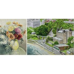 R Wiseman (British Contemporary): 'Spa Bridge and Grand Hotel Scarborough', watercolour and ink signed titled and dated 2009, 40cm x 50cm; T Russell (British 20th century): Still Life with Chrysanthemums, watercolour signed 27cm x 38cm (2)