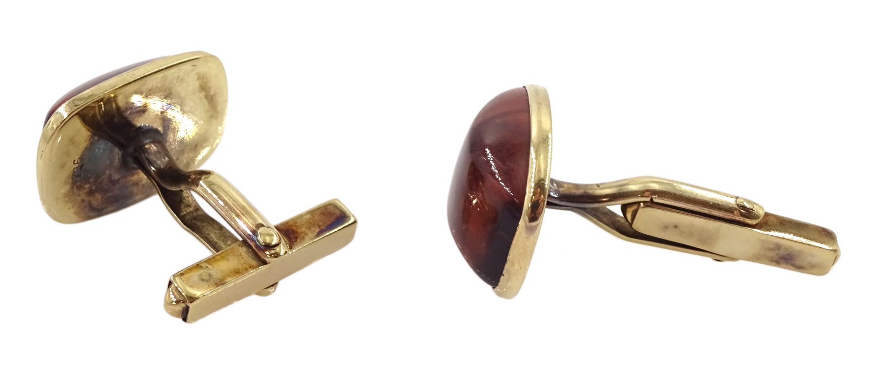 Pair of 9ct gold red tiger's eye cufflinks, stamped