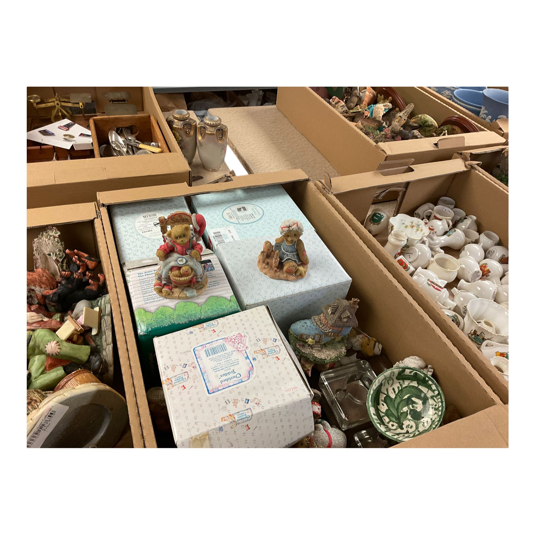 Collection of Cherished Teddies, together with various other composite figures, including golfers, birds, figures etc in three boxes  