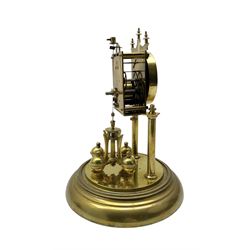 Continental- early-20th century torsion clock under a glass dome, movement raised on two pillars on a circular brass base, with an enamel dial, Roman numerals and spade hands, oscillating four ball circular pendulum. Torsion spring intact.