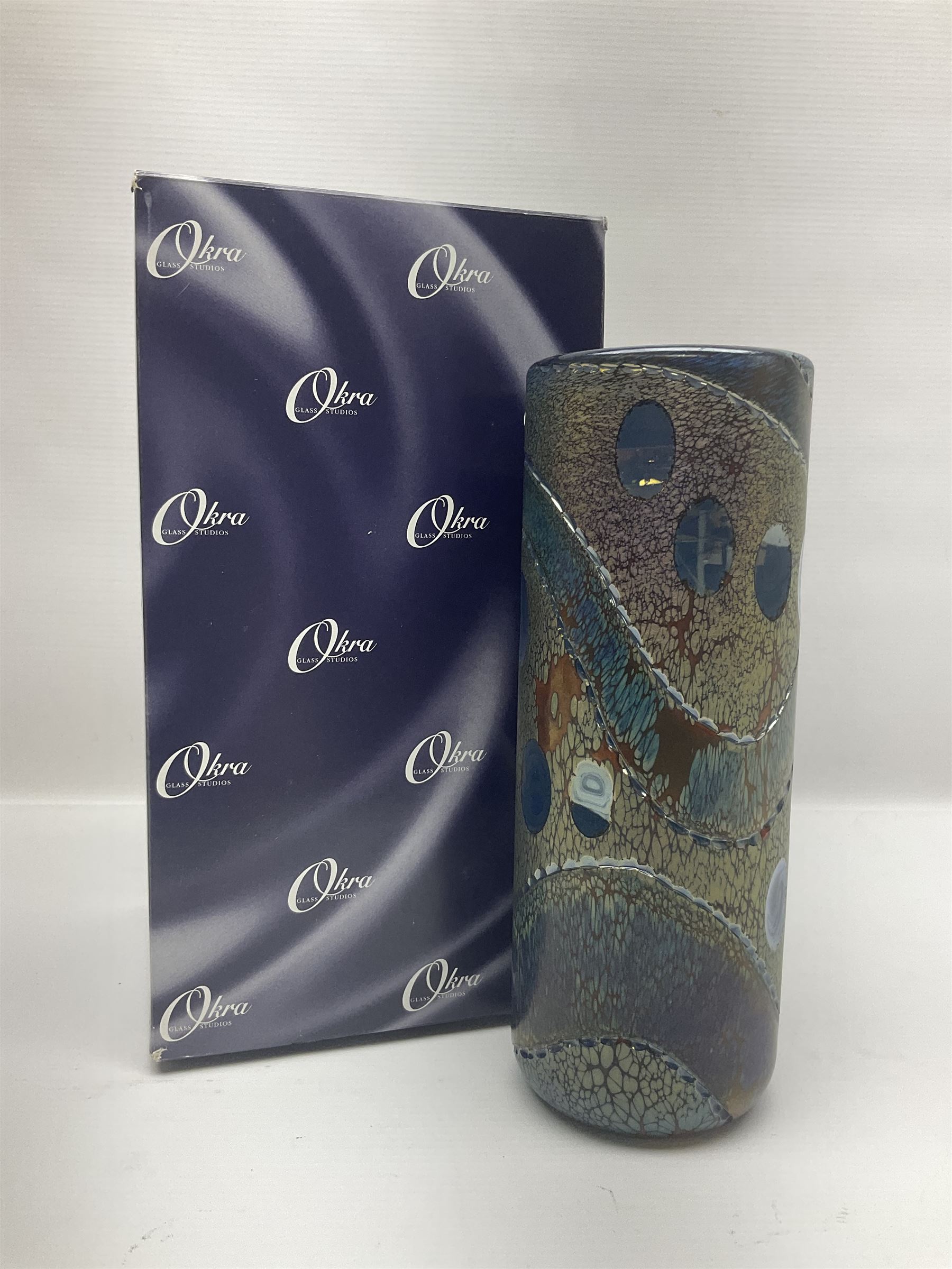 Okra cylindrical sleeve vase by Richard Golding, in Osmosis design with iridescent decoration, with original box H23cm