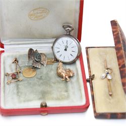 9ct gold jewellery, including cockerel charm, stone set pendant and brooch, together with a 10ct gold charm, gold 5 franc coin, and a continental silver fob watch