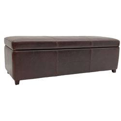 Rectangular ottoman or footstool upholstered in stitched brown leather 