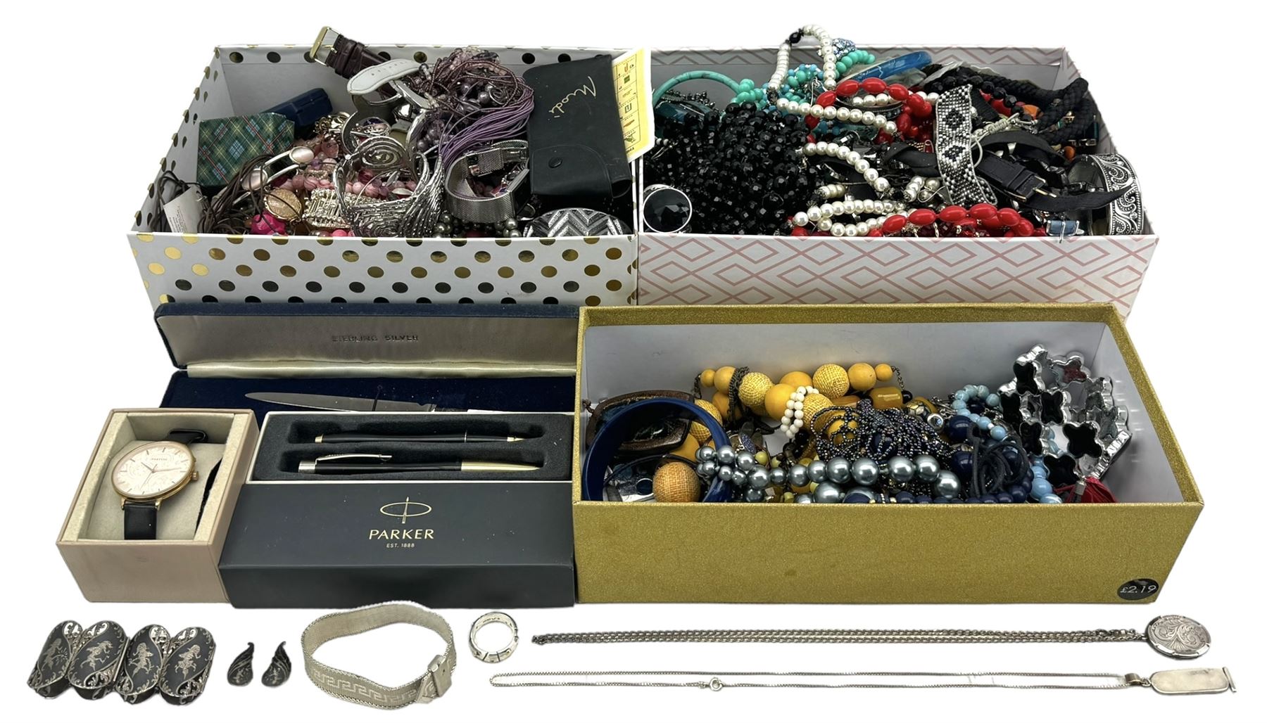 Large quantity of jewellery, including Siam silver neillo bracelet and earrings set, silver locket on chain, silver hieroglyphic pendant on chain, large quantity of costume jewellery, together with a stainless steel letter opener with silver ferrule, a cased Parker pen set 