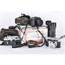 Collection of cameras, including Fujifilm Finepix S2980, boxed, Canon Powershot A540, Zorki 4K, etc together with a pair of Lieberman & Gortz binoculars