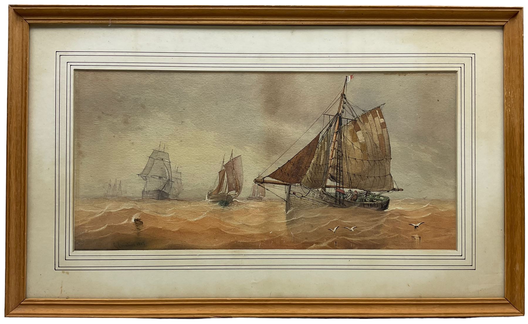 George Chambers Jnr. (British 1829-1878): Yarmouth Boat and other Shipping at Sea, pair watercolours and pencil signed and dated 1967, 23cm x 49cm (2)