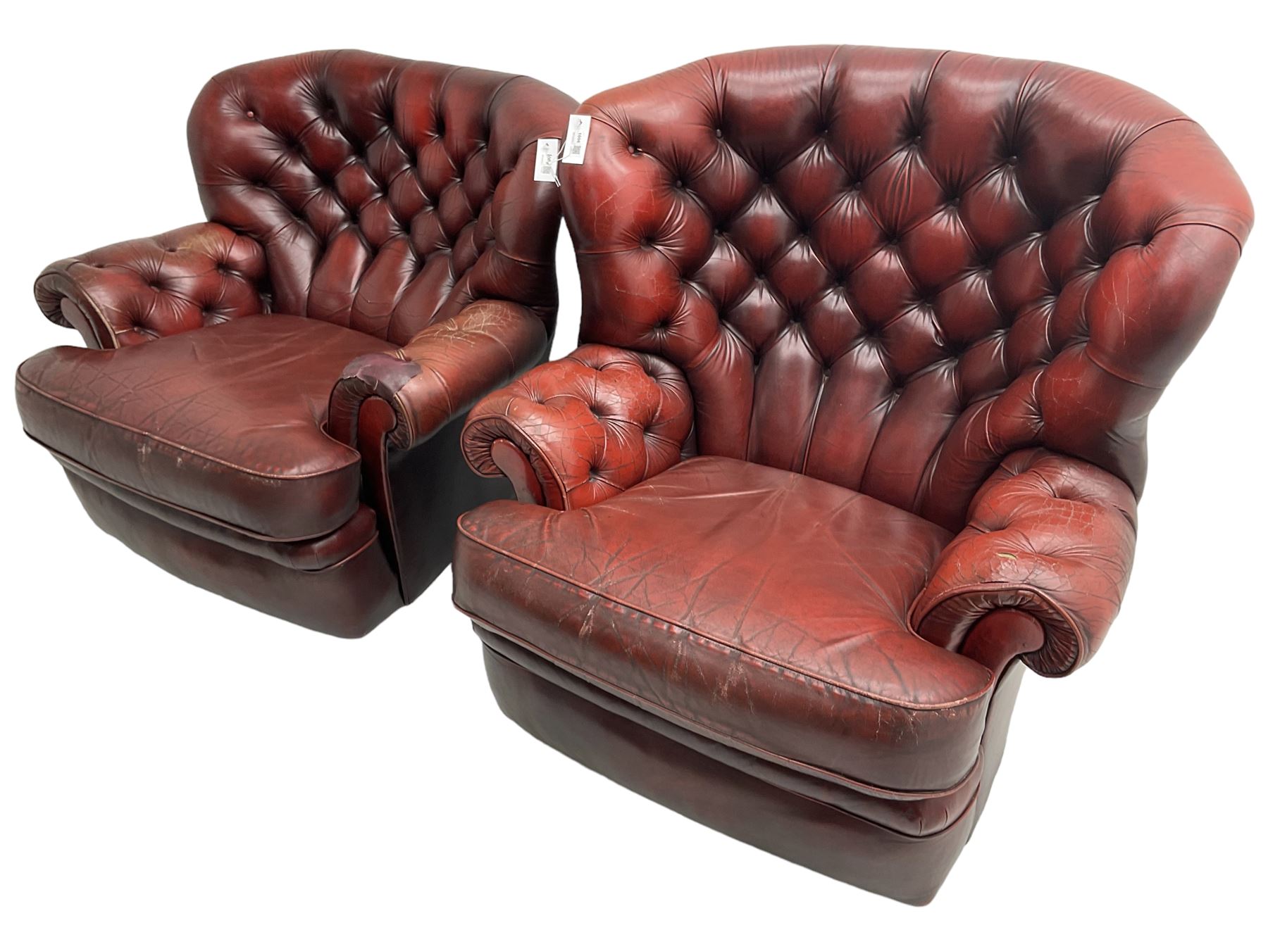 Wade - pair of Georgian design armchairs, high curved back and scrolled arms upholstered in deep buttoned oxblood 'Pegasus' leather, on castors