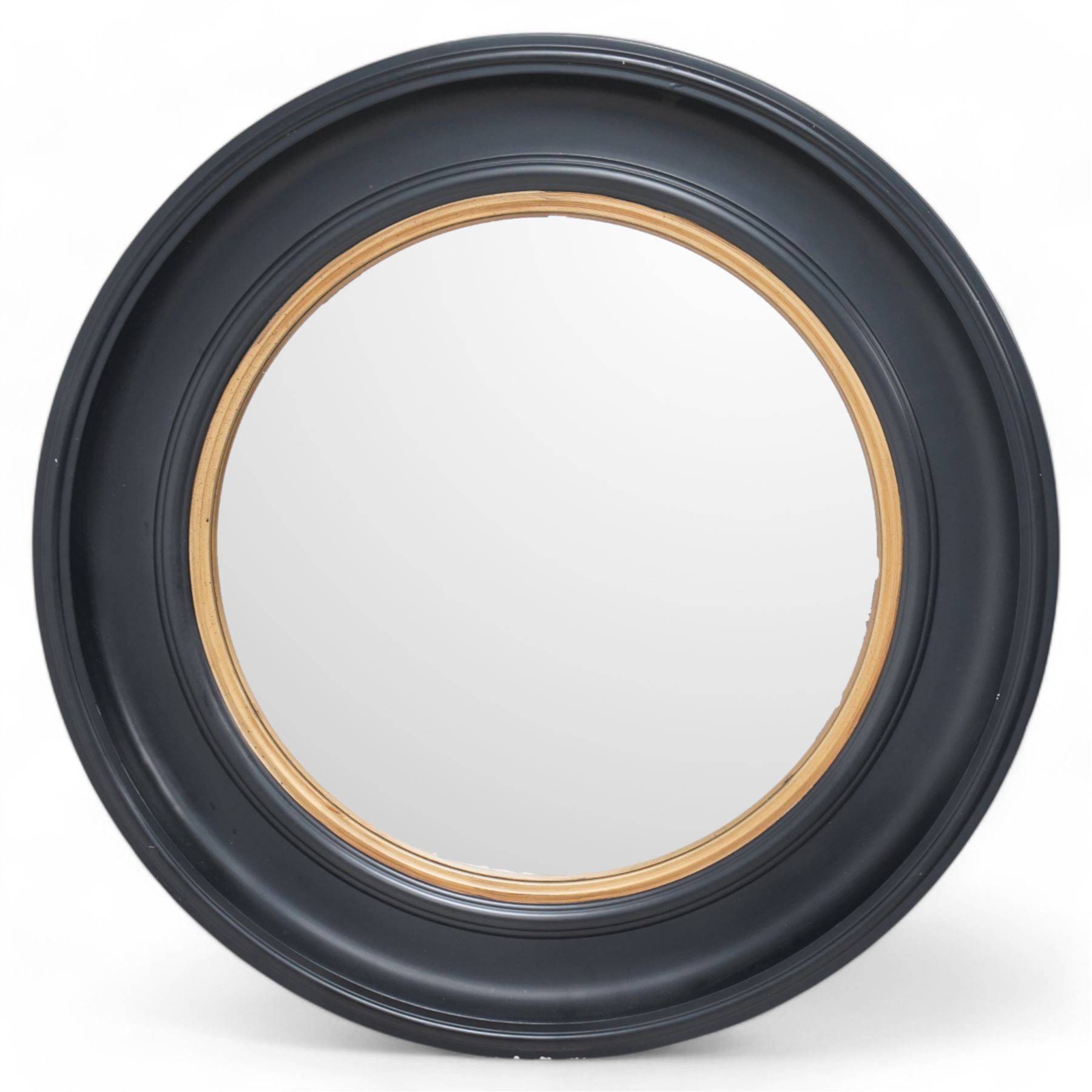 Regency design circular convex wall mirror, in moulded ebonised frame with gilt inner slip 