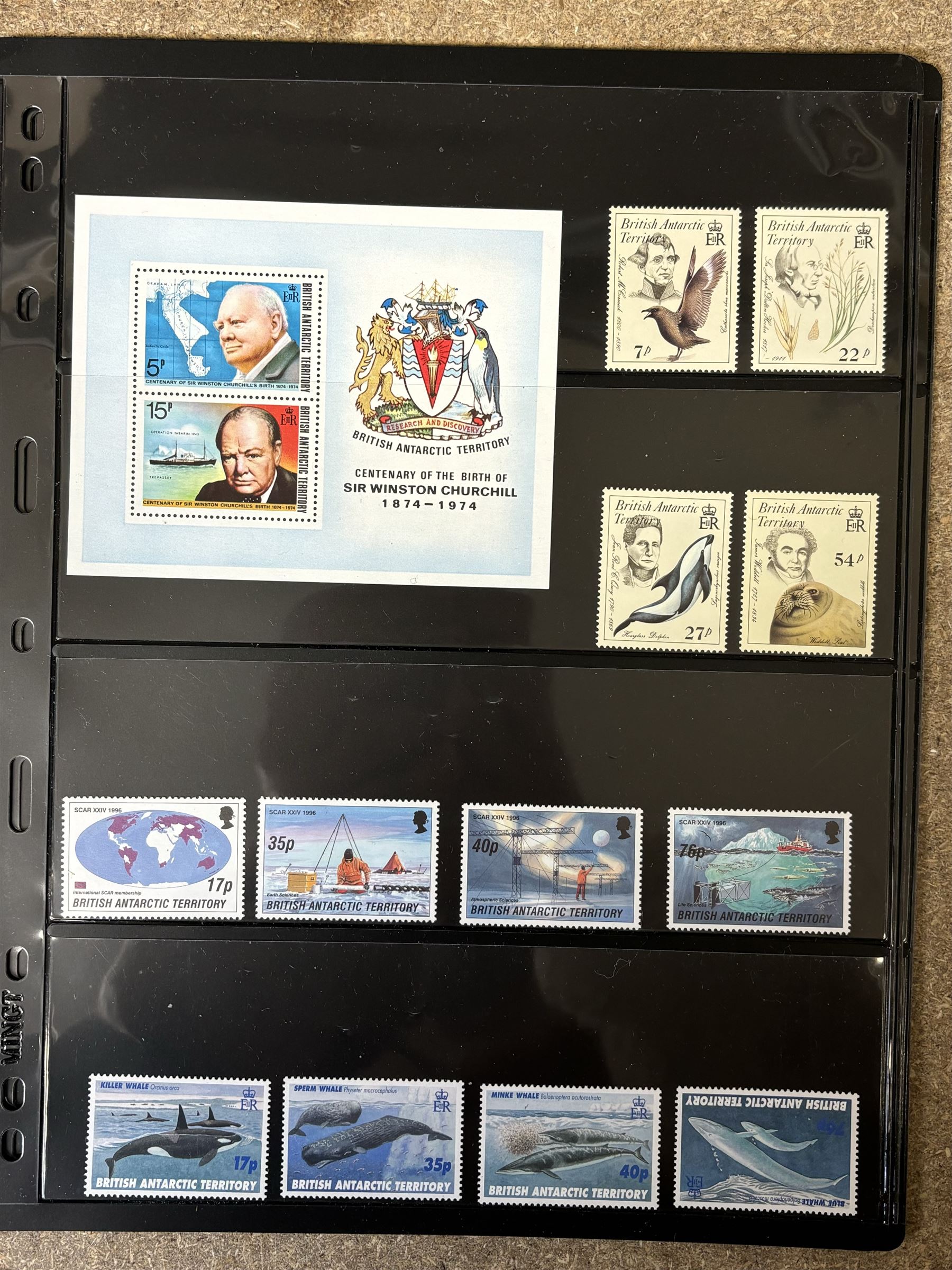 Queen Elizabeth II British Antarctic Territory mint stamps, including 1963-1969 SG 1 to 15a from half penny to both one pound values, 1993 SG 218-229 etc and a small number of Australian Antarctic Territory stamps, housed on stock pages