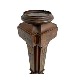 Late Victorian rosewood torchère, with carved and gilt decoration, fluted tapering column, stepped moulded plinth base, plaque underneath 'Urquhart & Adamson, Liverpool', hand written 'Mr. Jacobs',