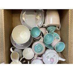 Teawares, to include Royal doulton Frost Pine pattern, Pool pottery pink and turquoise glaze wares, Shelley floral printed wares, and Shelley white glazed wares, in one box