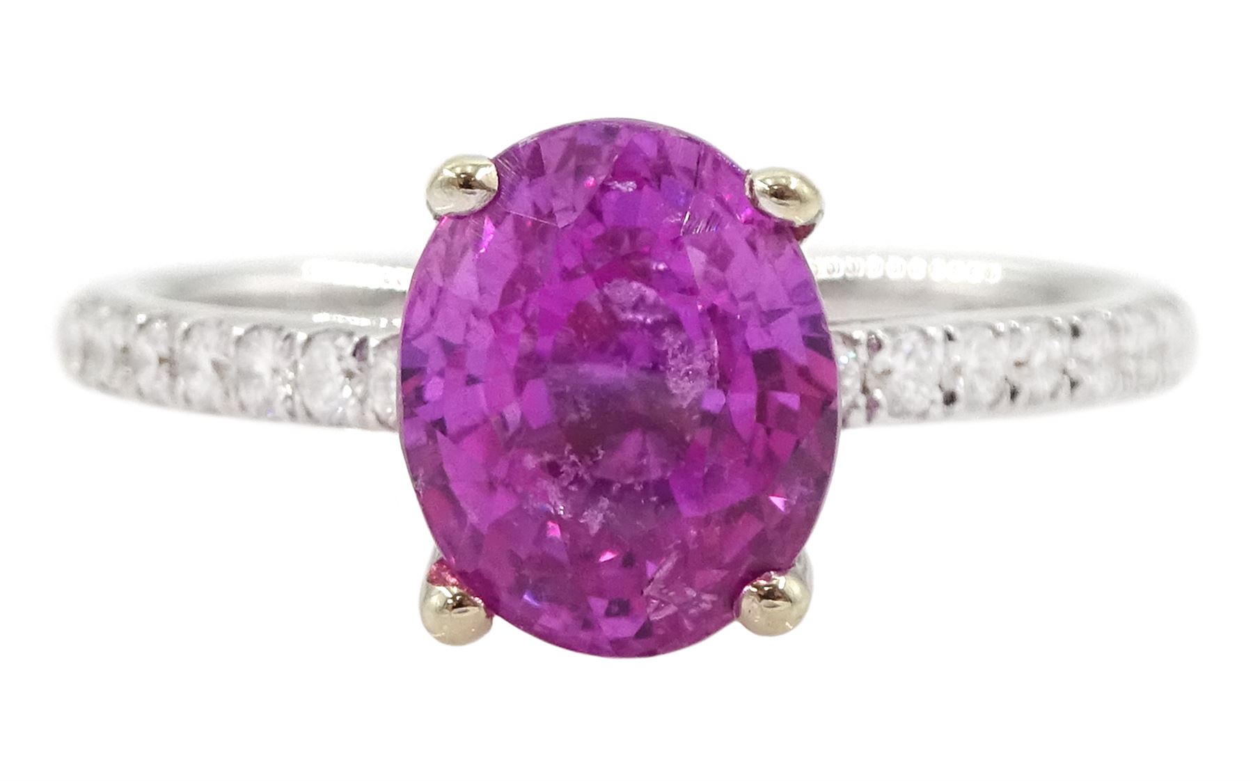 18ct white gold oval cut pink sapphire ring, with diamond set shoulders, hallmarked, sapphire approx 2.80 carat