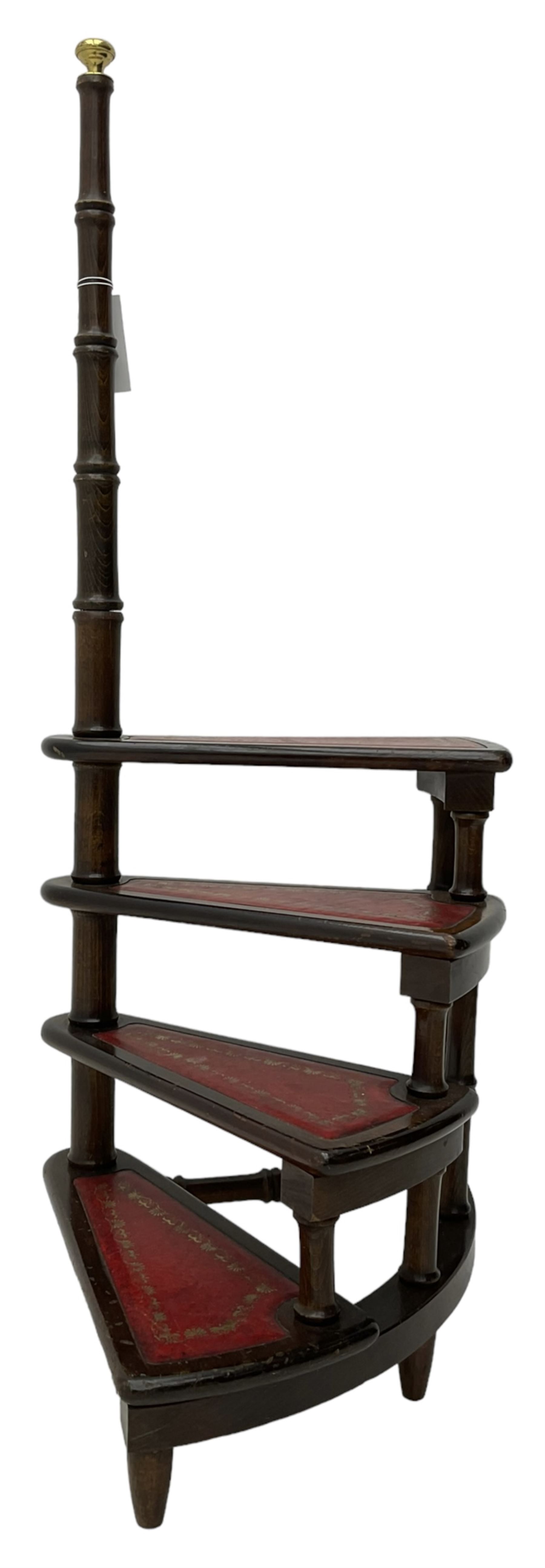 Georgian design stained beech library steps, four steps each with inset leather, on turned post with brass finial 