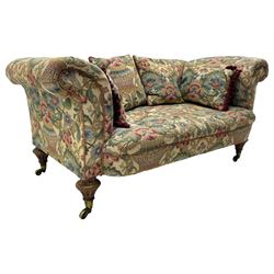 Mid-19th century walnut framed two-seat sofa, rolled arms over sprung seat, single drop-end action, raised on turned and fluted feet with brass cups and castors, upholstered by E & S Gott in traditional floral pattern fabric decorated with urns