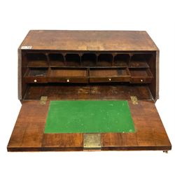 18th century walnut bureau, crossbanded and feather-banded rectangular top and fall-front, enclosing fitted interior with pigeonholes and correspondence drawers with bone handles, over two short and three long graduating drawers with moulded facias and original brass handles, on bracket feet