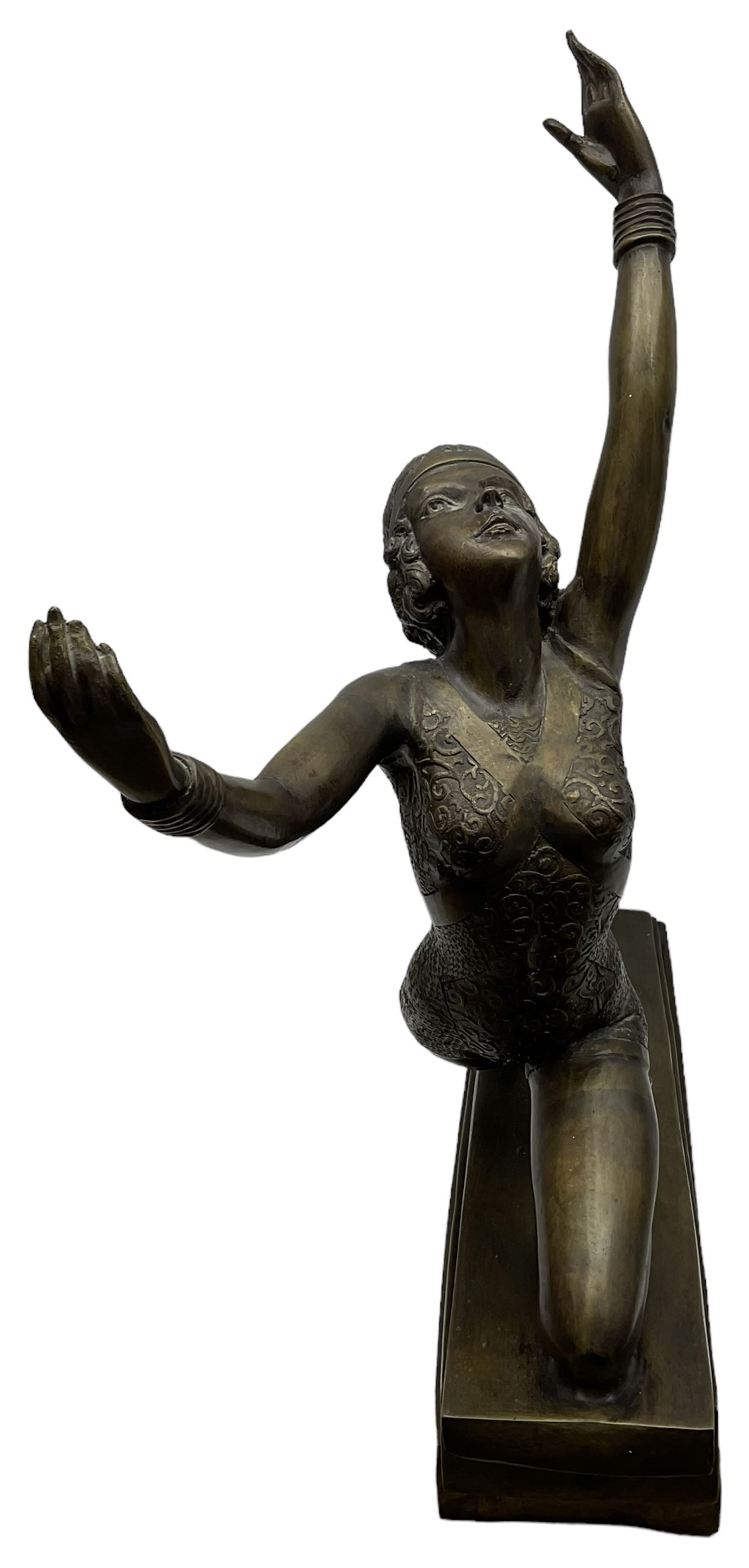 Large bronzed Art Deco style figure of a dancer, on stepped base, H71cm