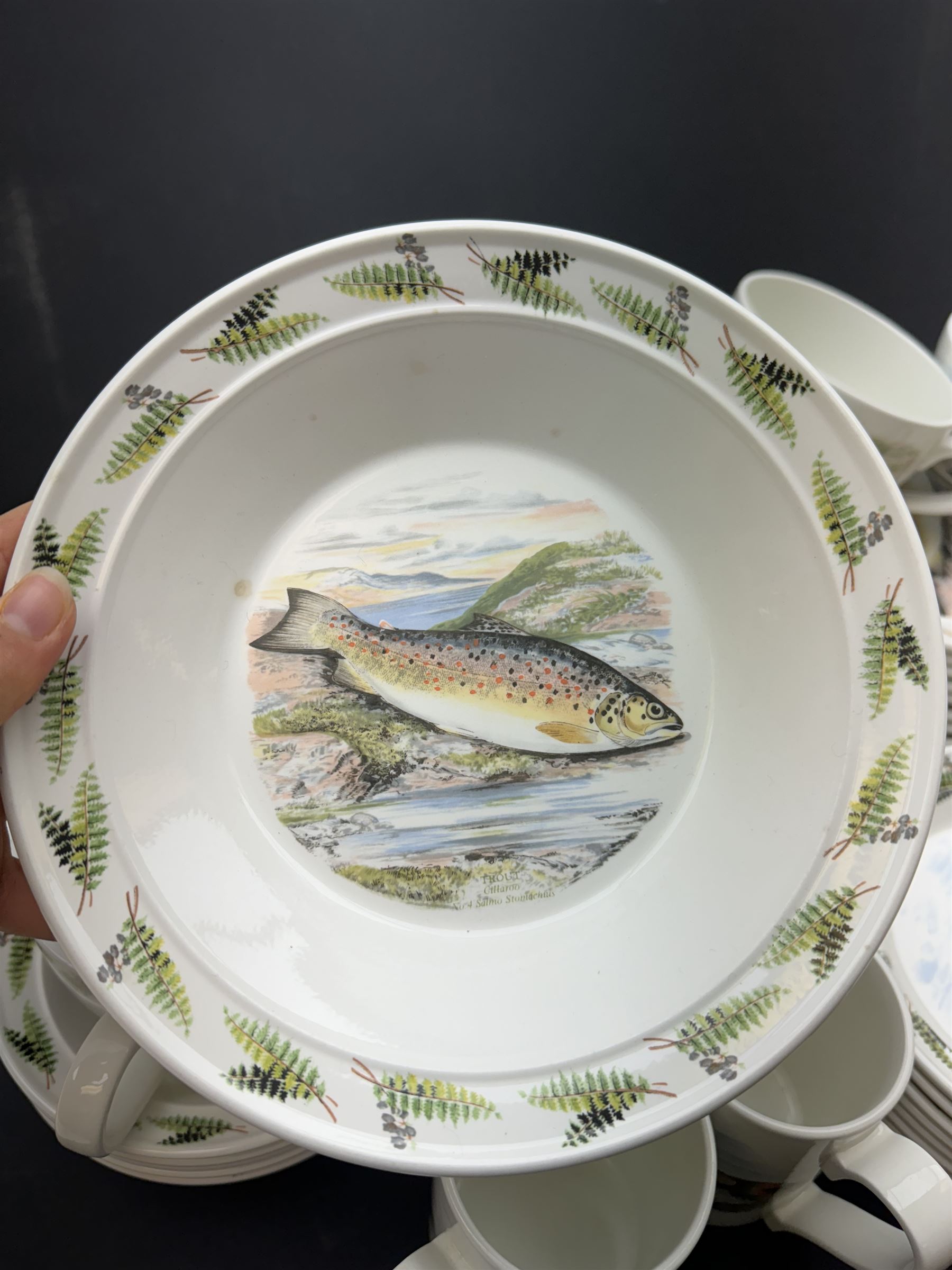 Portmeirion Complete Angler part tea and dinner service, including eleven dinner plates, five bowls, seven mugs etc together with two Royal Worcester cups and saucers