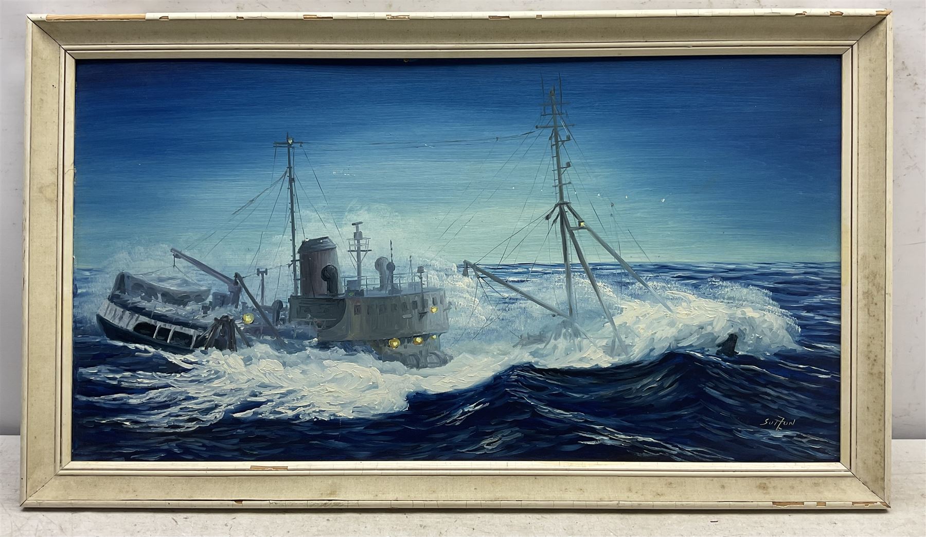 Keith Sutton (British 1924-1991): 'Cordella' Ship at Sea, oil on board signed, titled verso 39cm x 74cm 