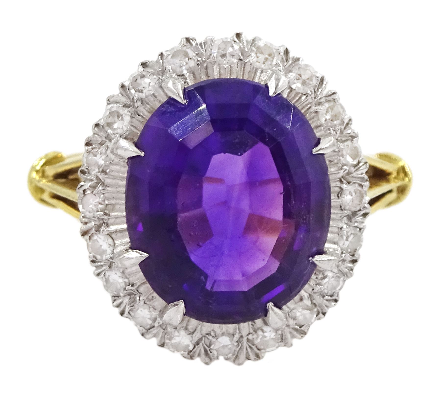 18ct gold oval cut amethyst and diamond cluster ring, hallmarked, amethyst approx 4.05 carat