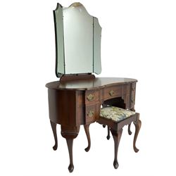 Early 20th century Dutch design mahogany kidney-shaped dressing table, raised triple mirror back, fitted with central frieze drawer flanked by four graduating drawers, on cabriole supports, with stool