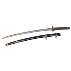  WWII Japanese Naval Kai Gunto sword, 71cm bright steel single edge curved blade with starburst Tsuba, cotton wrapped shagreen hilt with floral menuki, black lacquer sheath with twin suspension rings, 101cm overall  