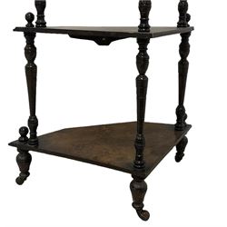 Victorian inlaid walnut corner four-tier whatnot, raised back over four graduating tiers of triangular form, decorated with satinwood and ebony inlays, united by tapering ring turned uprights, on castors