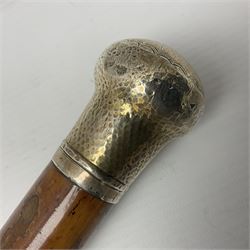 Early 20th century walking cane, with planished silver domed pommel, engraved 'Sergt RW Dimery from Lieut Edwards 14.04.18', hallmarked London 1917, L90cm