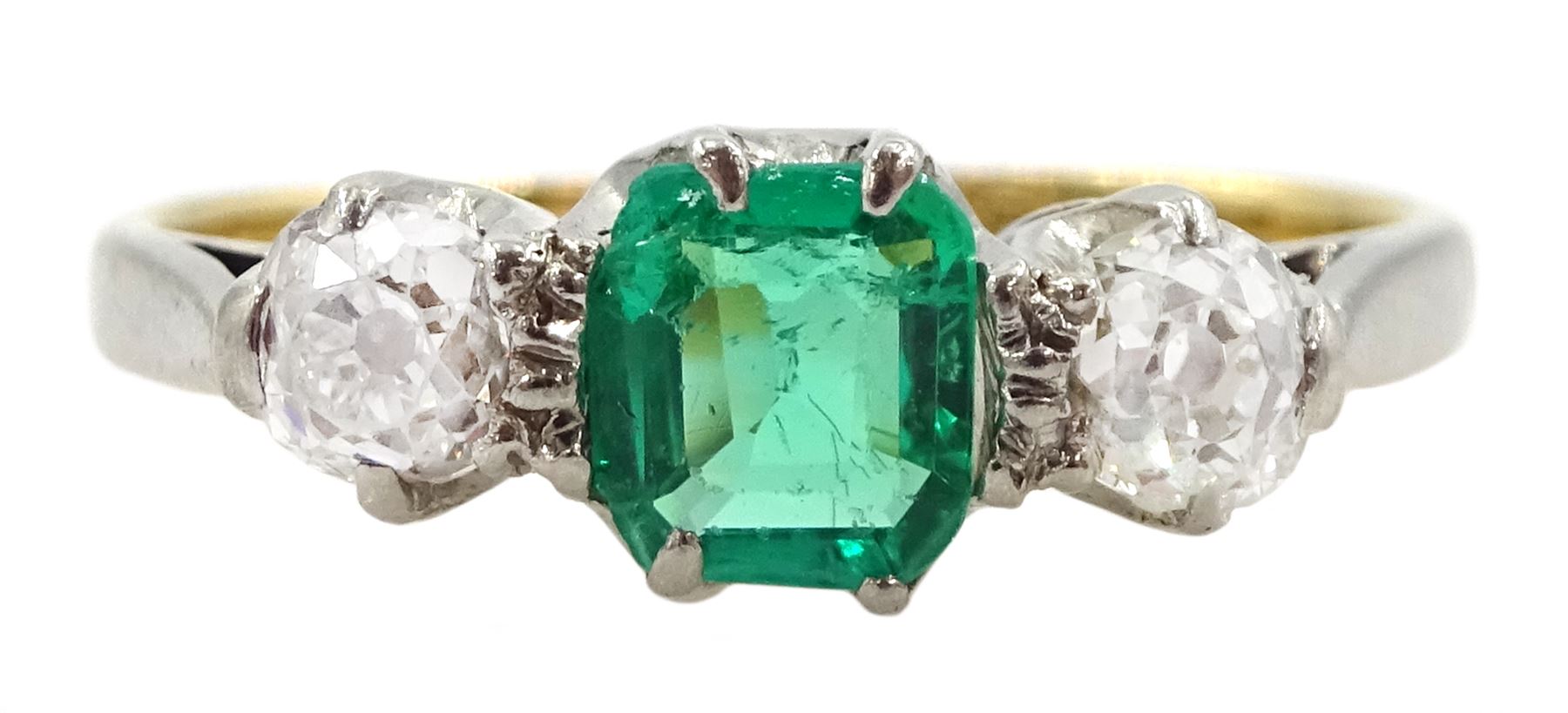 Early 20th century 15ct and palladium three stone emerald and old cut diamond ring, emerald approx 0.35 carat, total diamond weight approx 0.40 carat