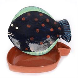 Studio pottery terracotta paella dish, modelled as a fish and finished in blue, green and brown glaze,  by Mary Hick Ceramics, Edinburgh, W44cm