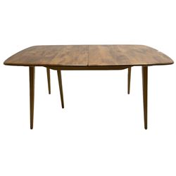 Ercol - light elm and beech 'Slide Leg Expanding Dining Table (444)', rectangular top with rounded corners, raised on tapered splayed supports, with two additional leaves