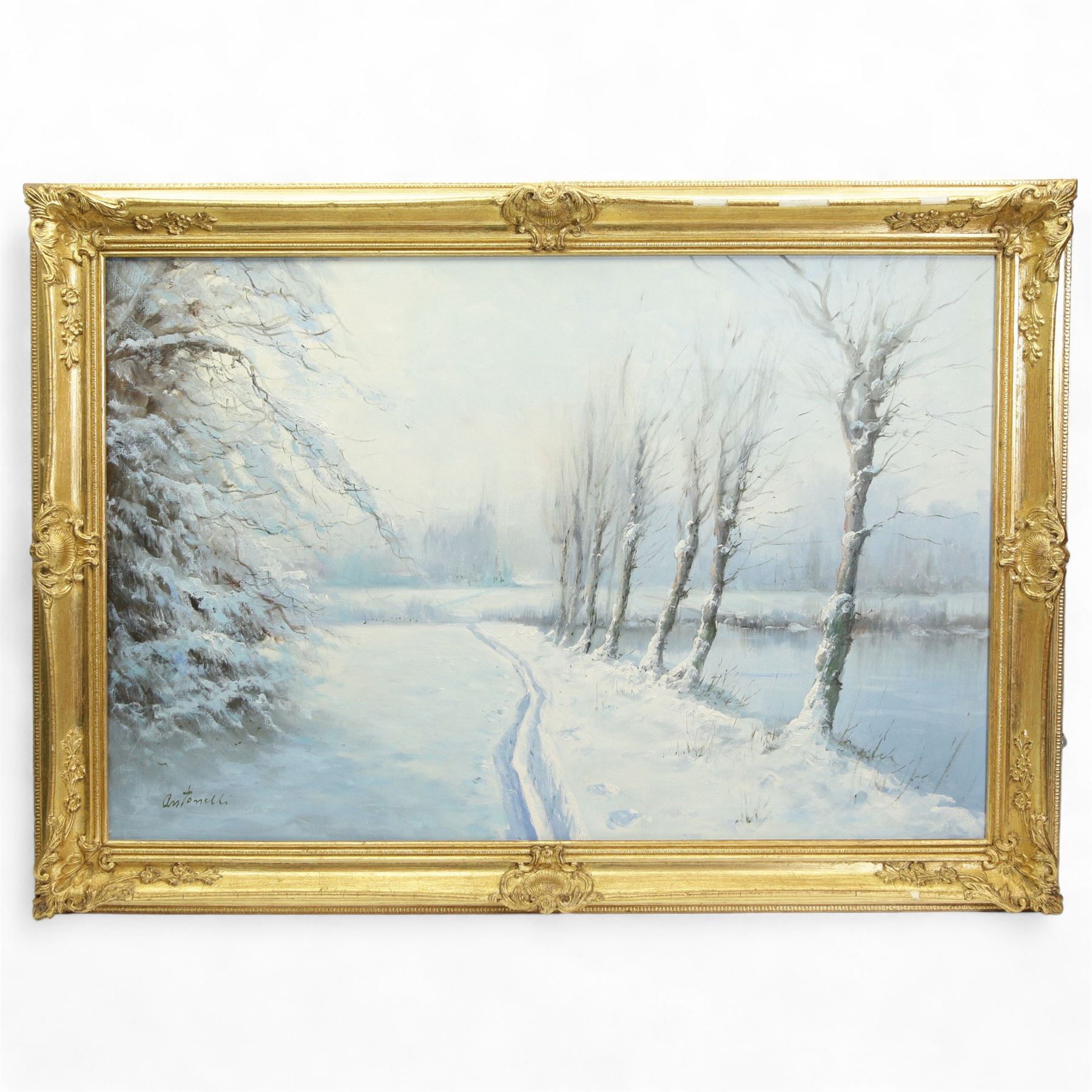 Antonelli (Italian 20th century): ‘Winter’ - Snow Scene, oil on canvas signed 59cm x 90cm 