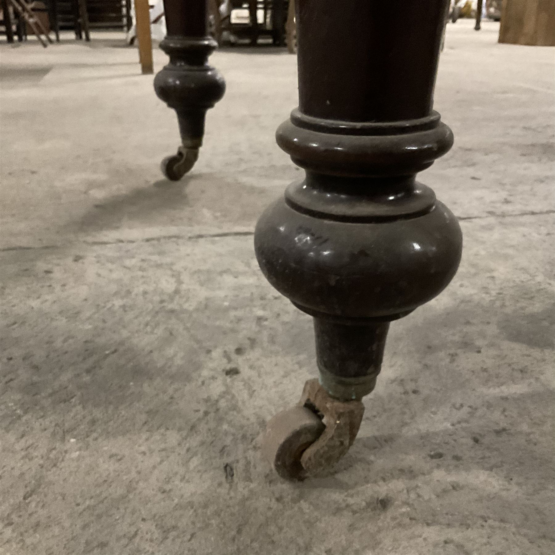 Late 19th century mahogany dining table, moulded rectangular top with canted corners, additional leaf and telescopic extending action, on turned supports with ceramic castors - THIS LOT IS TO BE COLLECTED BY APPOINTMENT FROM THE OLD BUFFER DEPOT, MELBOURNE PLACE, SOWERBY, THIRSK, YO7 1QY