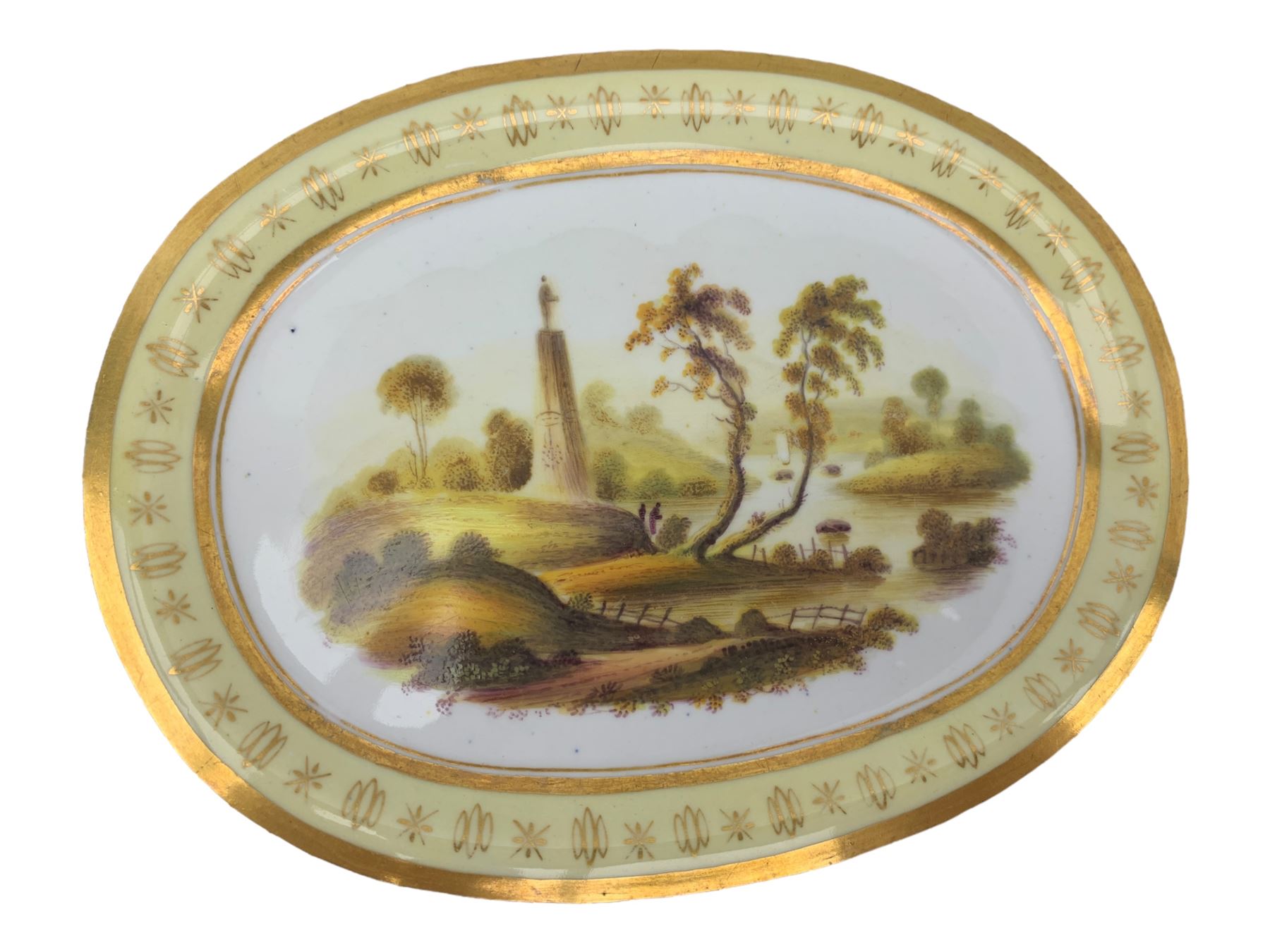 Early 19th century Ridgway twin handled oval dish, hand painted with figures in a river landscape, within a cobalt blue and moulded border, L30cm together with a similar twin handled serving dish, L28cm (2)