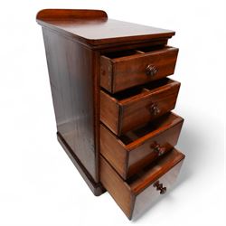 Pair of Victorian mahogany bedside pedestal chests, raised back over rectangular top with rounded front corners, fitted with four graduating drawers, on plinth base 