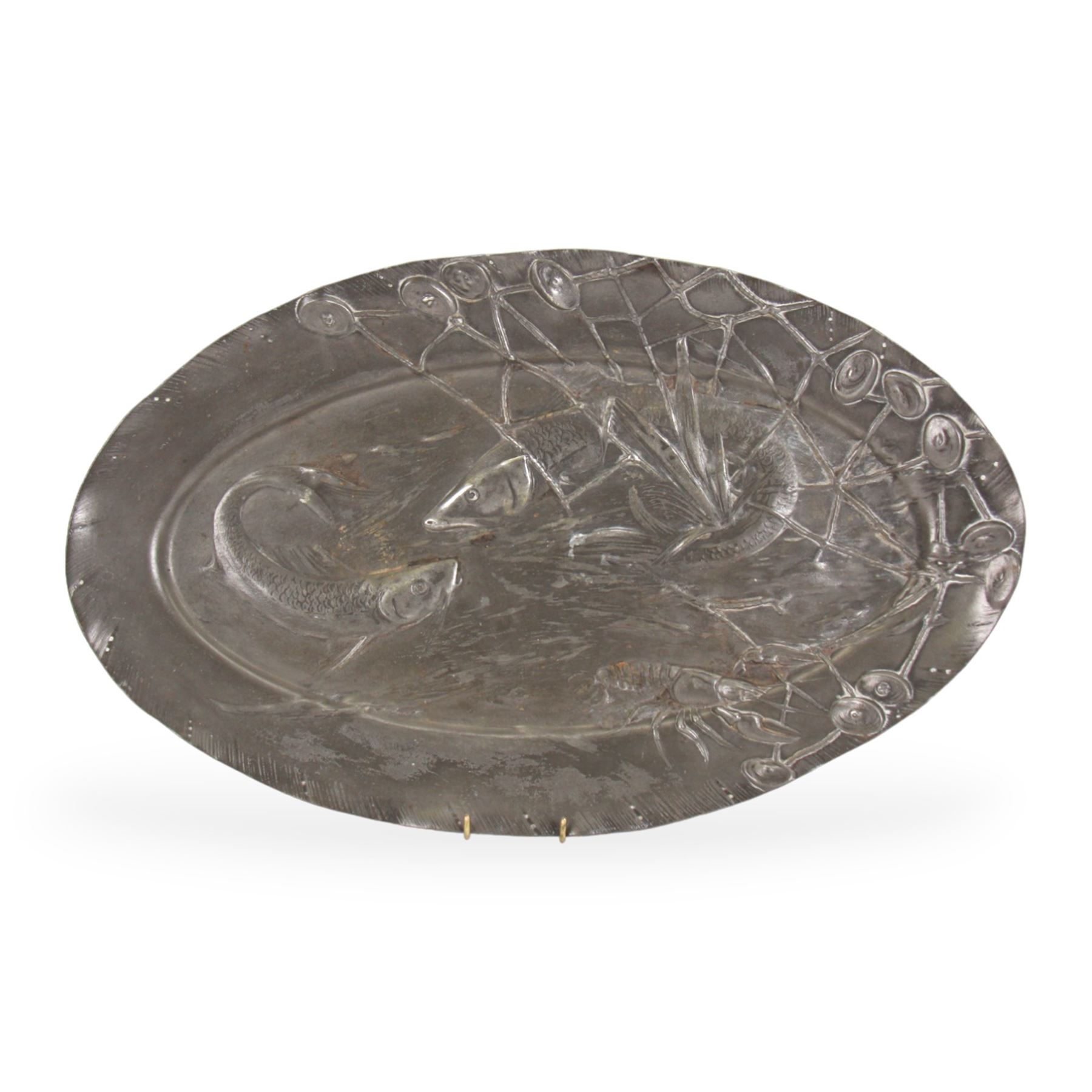 Art Nouveau pewter platter, of oval form with shaped rim, decorated in relief with a lobster and two koi fish, L52cm