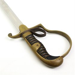 German Army issue sabre by WKC, Solingen with slightly curved blade, brass hilt and wire wound grip with black metal scabbard 80cm blade length and a Continental court sword with engraved blade, gilt metal hilt with tortoiseshell inserts and lion's head pommel 80cm blade length(2)