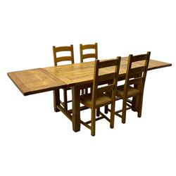 Oak extending dining table, rectangular top with two additional leaves, on square chamfere...